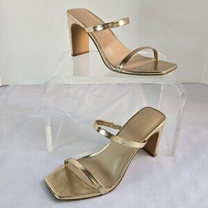THE DROP Women's Avery Square Toe Two Strap High Heeled Sandal  Sz 8  Gold